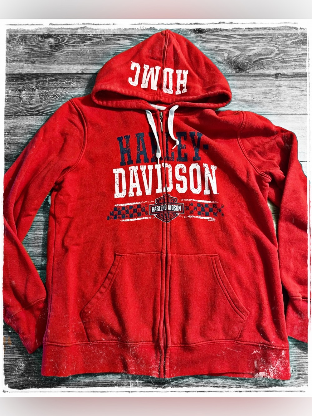 Harley-Davidson Red Full-Zip Hooded Sweatshirt with Navy and White Logo
